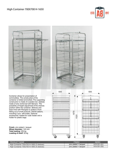 Wysoki kontener 700x700 H1650 z 4 półkami – wysoka klatka na kółkach dla maksymalnego przechowywania