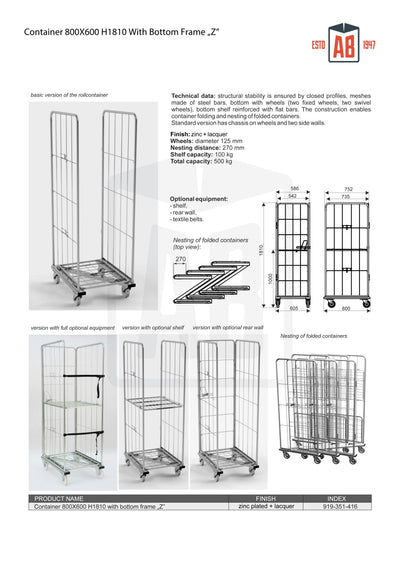 Kontener 800x600 H1810 z dolnym ramą Z – wysoka klatka na rolki do stabilnego przechowywania