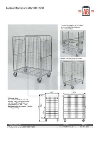 Kontener na kartony 600x1000 H1200 – Optymalizowana klatka rolkowa do towarów w pudełkach
