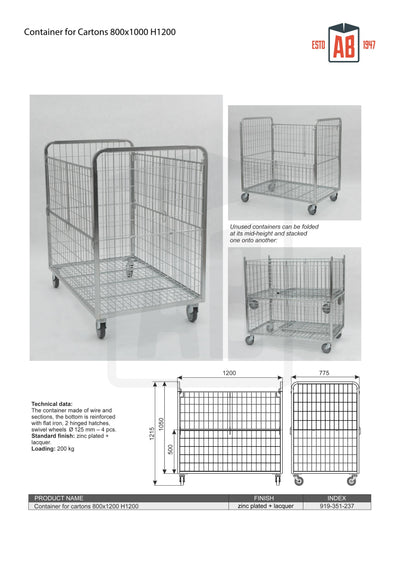 Kontener na kartony 800x1200 H1200 – Duża klatka rolkowa do obsługi towarów w kartonach