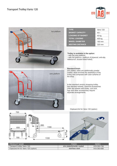 Wózek transportowy Vario 120 – Wózek z koszem stałym i platformą z drutu