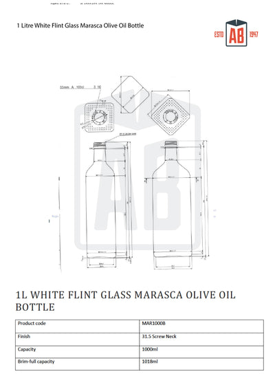 1 litr biały flintowy szklany dzbanek na oliwę z oliwek Marasca (z gwintem)