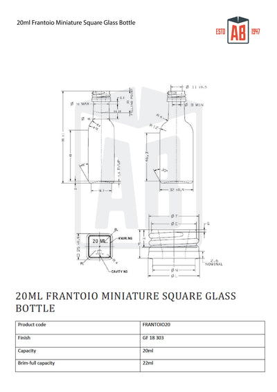 20ml Frantoio Miniaturowa Kwadratowa Butelka