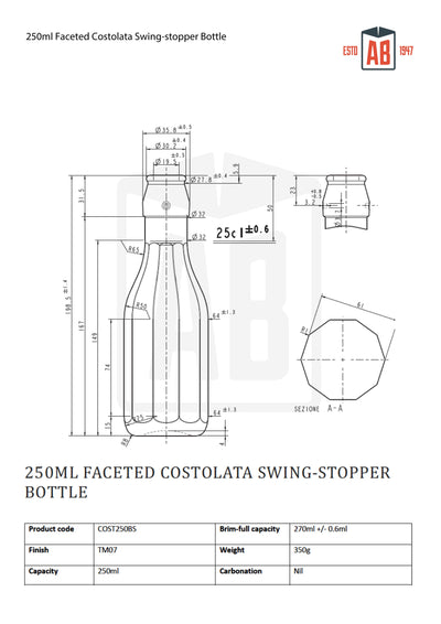 250ml Butelka Costolata o fasetowanym kształcie z korkiem typu swing