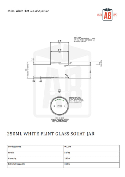 250ml Słoik Squat z białego szkła flint