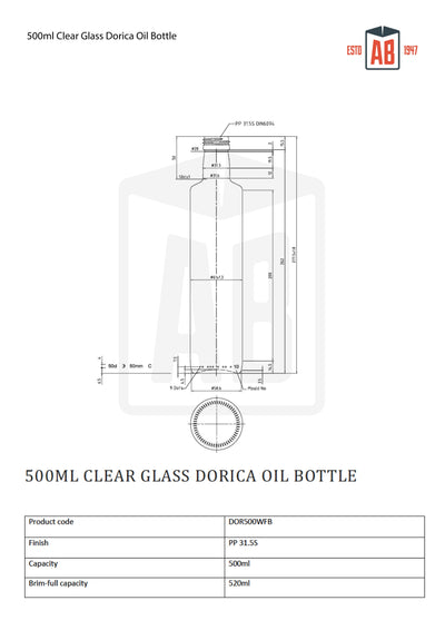 500ml Przezroczysta Szklana Butelka Dorica na Olej (Zakręcana)