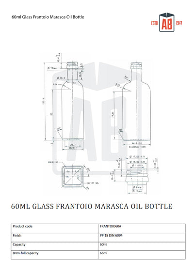 60ml Szklana butelka oleju Frantoio Marasca (z zakrętką)