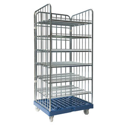 3-Sided Roll Container – 810x720x1808mm, 6 Shelves, Hot-Dip Galvanized, Plastic Base