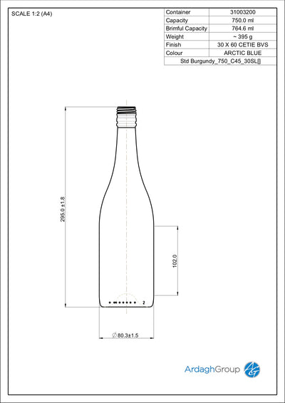 750ml Niebieska Szklana Butelka Wina Burgundowego Jednokrotnego Użytku - Ardagh