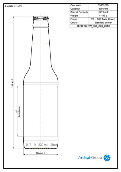330ml Buteleczka piwna z bursztynowego szkła - Ardagh