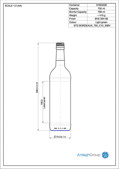 750ml Zielona Szklana Butelka Bordeaux Jednorazowa - Ardagh
