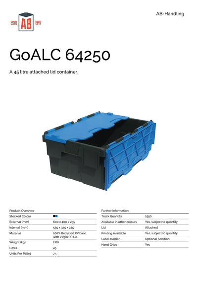 600 x 400 x 255mm Attached Lid Plastic Box (45L) – Heavy Duty PP Storage Container