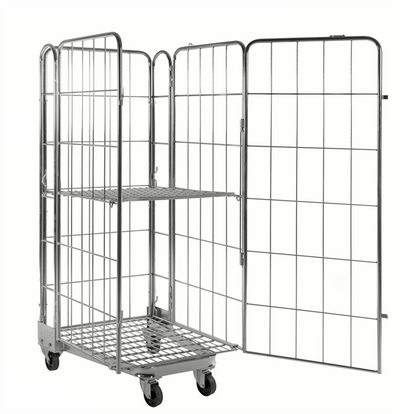 Stackable Roll Container with Door and Shelf – 3 Sided Mesh Roll Cage | 400kg Capacity