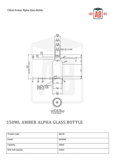 150ml Amber Alpha Glass Bottle
