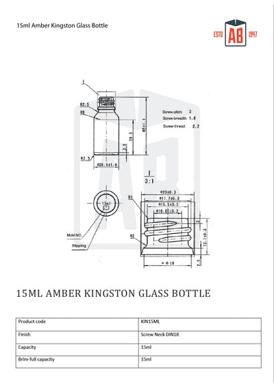 15ml Amber Glass Kingston Bottle