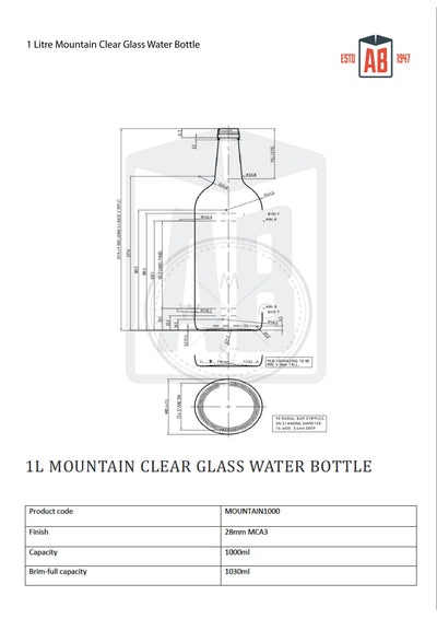 1 Litre Clear Glass Mountain Bottle