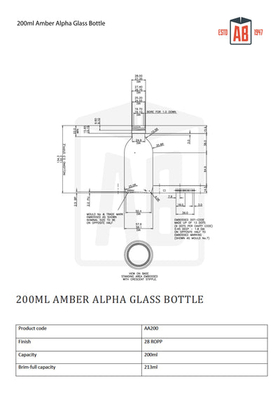 200ml Amber Alpha Glass Bottle