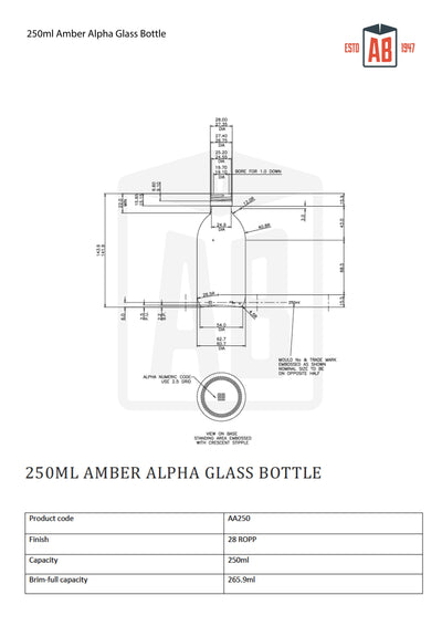 250ml Amber Alpha Glass Bottle