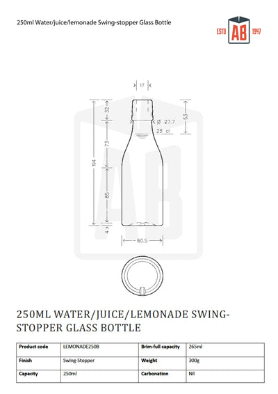 250ml Water/Juice/Lemonade Swing-Stopper Glass Bottle