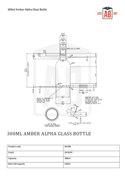 300ml Amber Alpha Glass Bottle